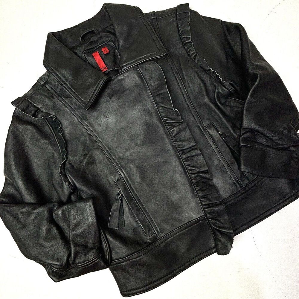 Saks Fifth Avenue‎ 100% Leather Moto Jacket Ruffle Trim Womens XS Feminine 5/48
